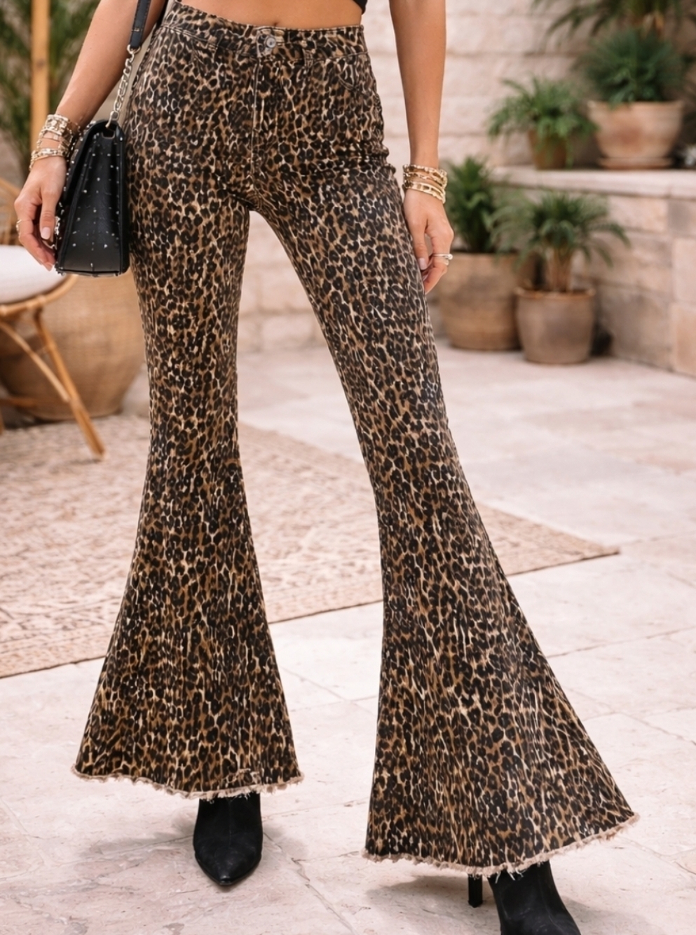 Blank Paige Denim Collection Leopard Print Flare Jeans S Raw Hem Bell Bottom